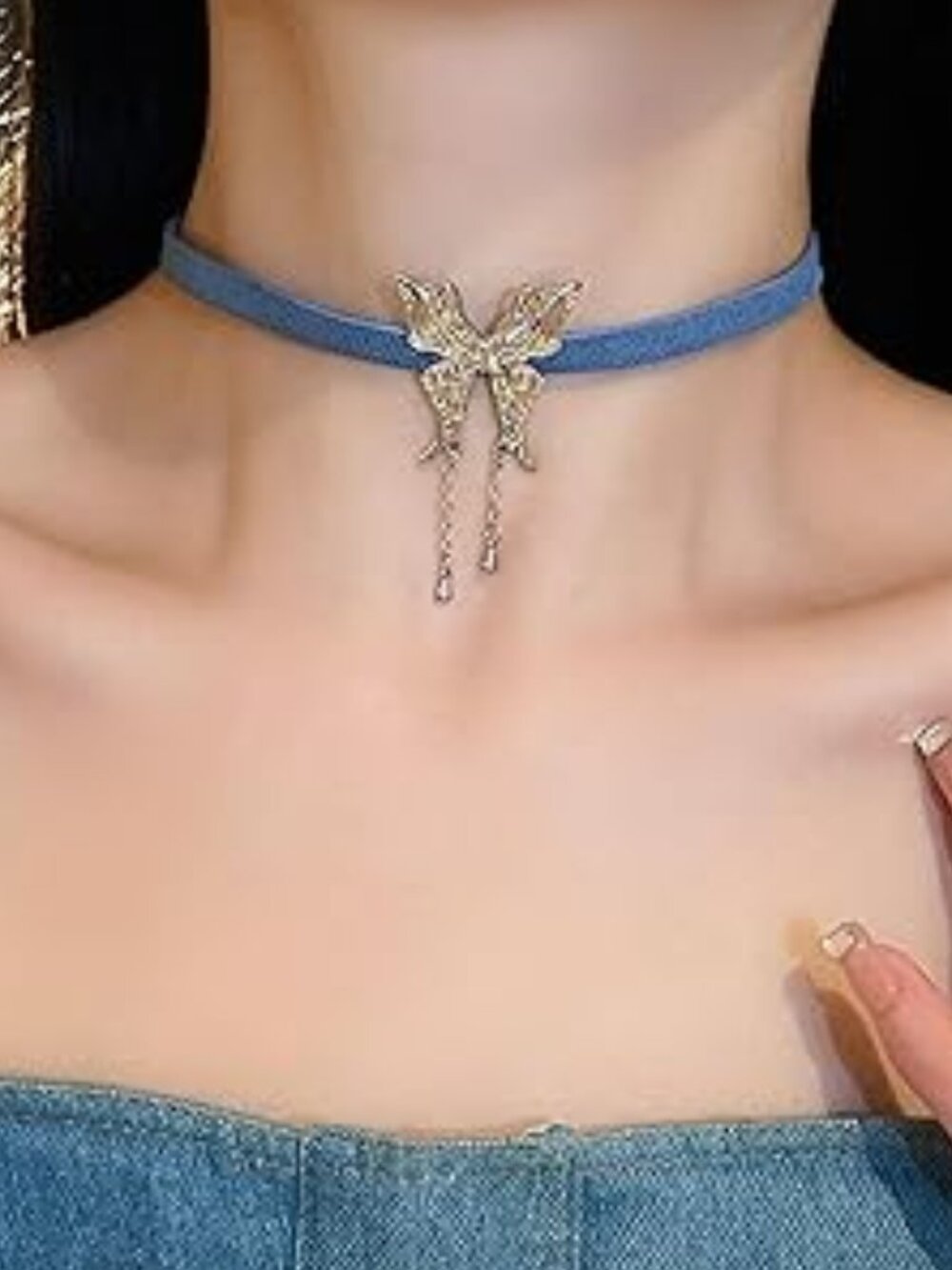 Cowgirl Denim Choker Necklace with Butterfly Bling‎ Summer Beach Party Prom